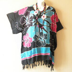 KB867 Blue Floral Fringes Kimono Sleeve Plus Tunic Kaftan Blouse Top - S to 5X